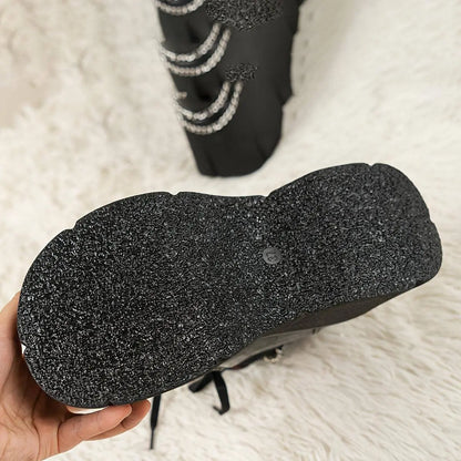 Retro Punk-Style Women's Platform Boots with Chain Detail - Fashionable Slip-On Ankle Booties for Music Festivals & Halloween Parties, Comfortable All-Season Footwear SS69
