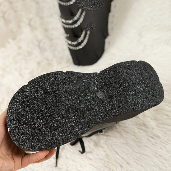 Retro Punk-Style Women's Platform Boots with Chain Detail - Fashionable Slip-On Ankle Booties for Music Festivals & Halloween Parties, Comfortable All-Season Footwear SS69