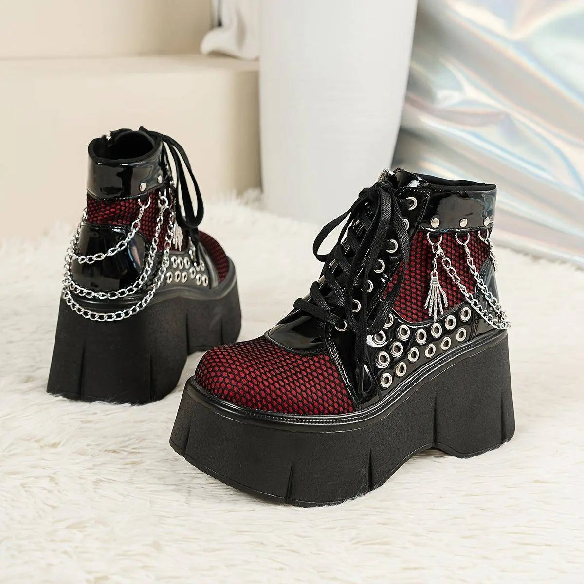 Retro Punk-Style Women's Platform Boots with Chain Detail - Fashionable Slip-On Ankle Booties for Music Festivals & Halloween Parties, Comfortable All-Season Footwear SS69