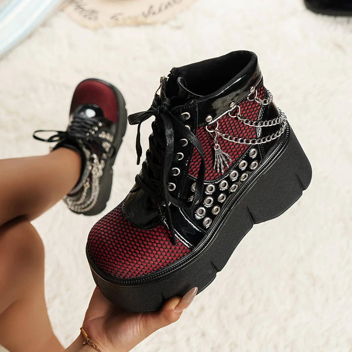 Retro Punk-Style Women's Platform Boots with Chain Detail - Fashionable Slip-On Ankle Booties for Music Festivals & Halloween Parties, Comfortable All-Season Footwear SS69