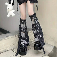 Ripped Buckle Detail Leg Warmers, Y2K Street Style Flared Knee High Socks, Women's Stockings & Hosiery - SS69