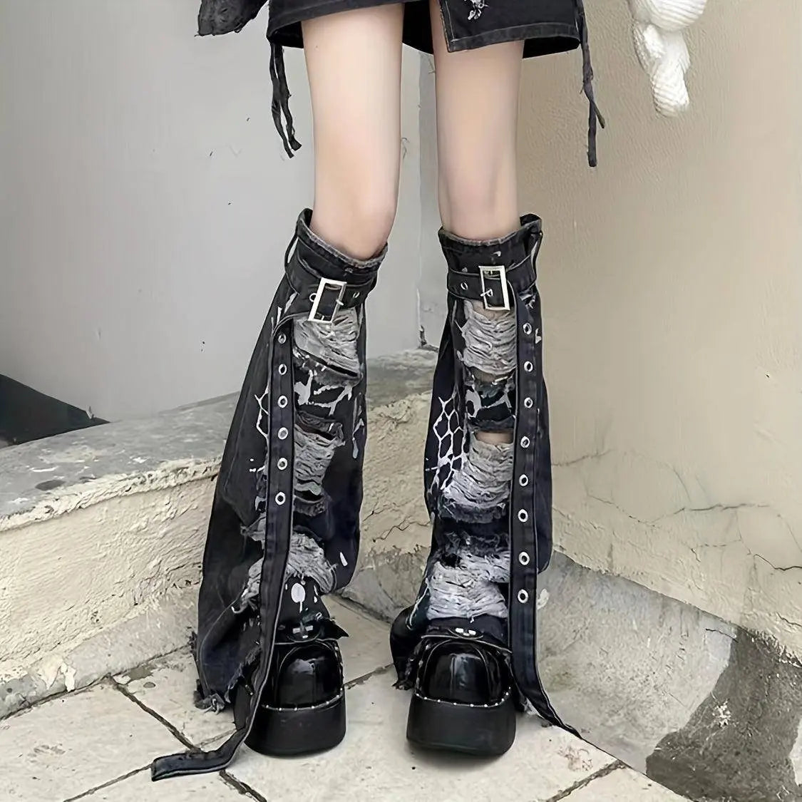 Ripped Buckle Detail Leg Warmers, Y2K Street Style Flared Knee High Socks, Women's Stockings & Hosiery - SS69