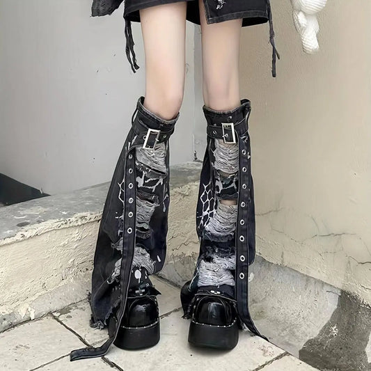 Ripped Buckle Detail Leg Warmers, Y2K Street Style Flared Knee High Socks, Women's Stockings & Hosiery - SS69