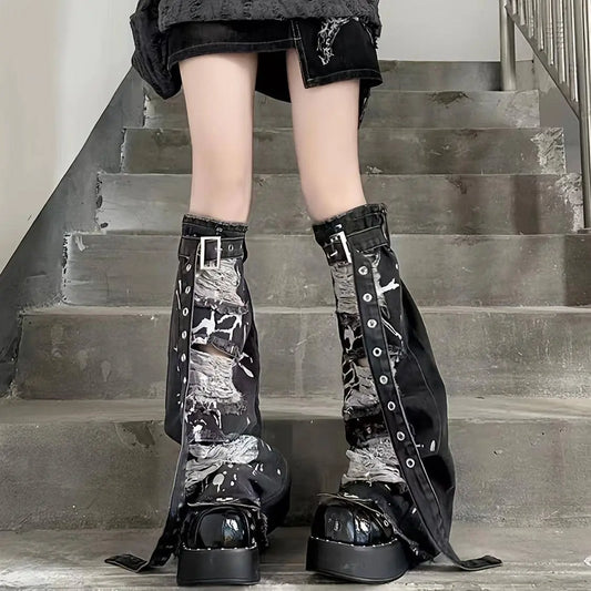 Ripped Buckle Detail Leg Warmers, Y2K Street Style Flared Knee High Socks, Women's Stockings & Hosiery - SS69