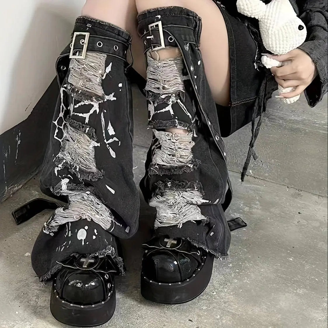 Ripped Buckle Detail Leg Warmers, Y2K Street Style Flared Knee High Socks, Women's Stockings & Hosiery - SS69