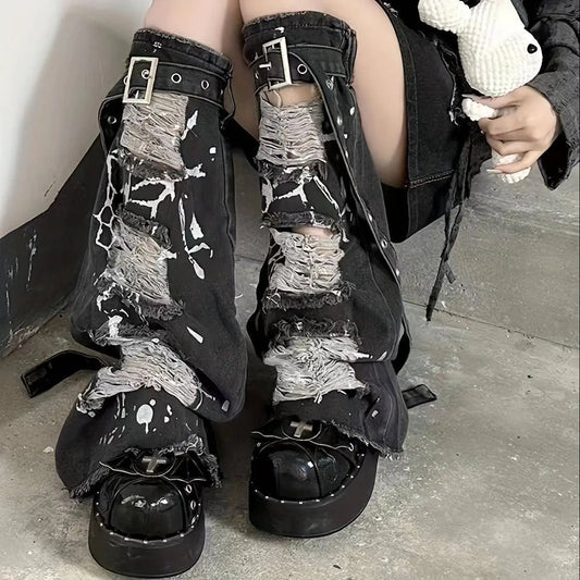 Ripped Buckle Detail Leg Warmers, Y2K Street Style Flared Knee High Socks, Women's Stockings & Hosiery - SS69