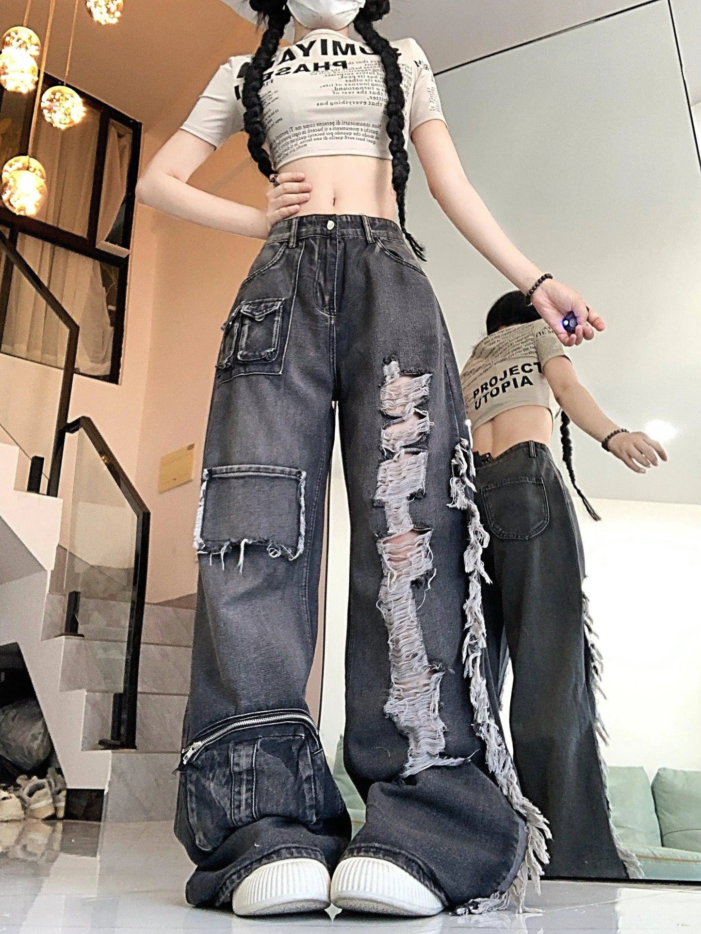 Ripped Distressed Streetwear Washed Raw Trim Flare Leg Loose Fit Grunge Jeans, Women's Denim Jeans & Clothing SS69