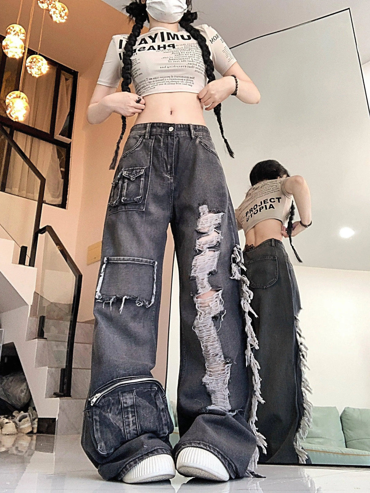 Ripped Distressed Streetwear Washed Raw Trim Flare Leg Loose Fit Grunge Jeans, Women's Denim Jeans & Clothing SS69