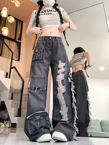Ripped Distressed Streetwear Washed Raw Trim Flare Leg Loose Fit Grunge Jeans, Women's Denim Jeans & Clothing SS69