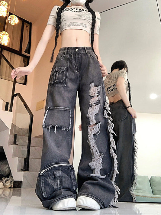Ripped Distressed Streetwear Washed Raw Trim Flare Leg Loose Fit Grunge Jeans, Women's Denim Jeans & Clothing SS69