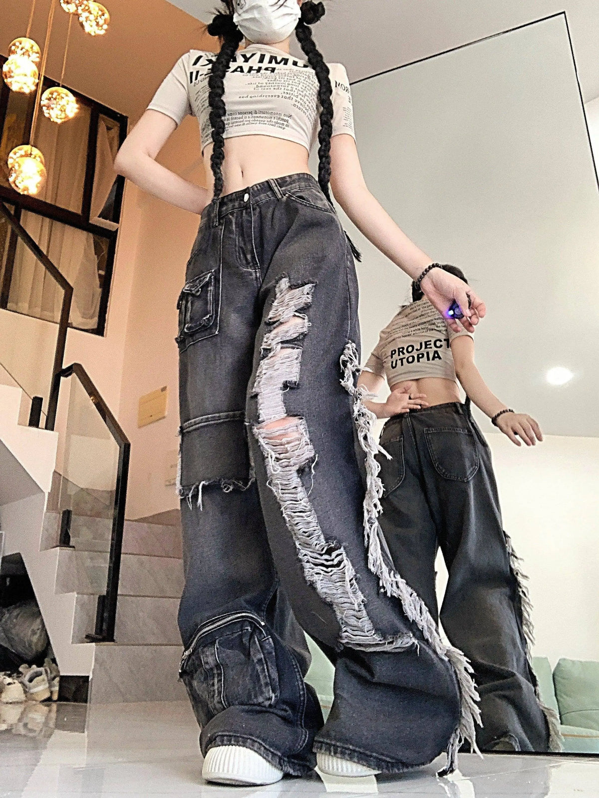 Ripped Distressed Streetwear Washed Raw Trim Flare Leg Loose Fit Grunge Jeans, Women's Denim Jeans & Clothing SS69
