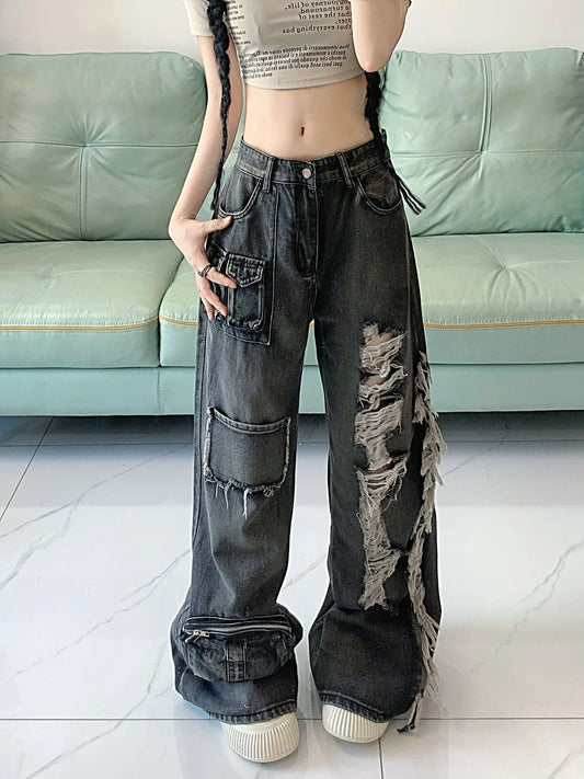 Ripped Distressed Streetwear Washed Raw Trim Flare Leg Loose Fit Grunge Jeans, Women's Denim Jeans & Clothing SS69