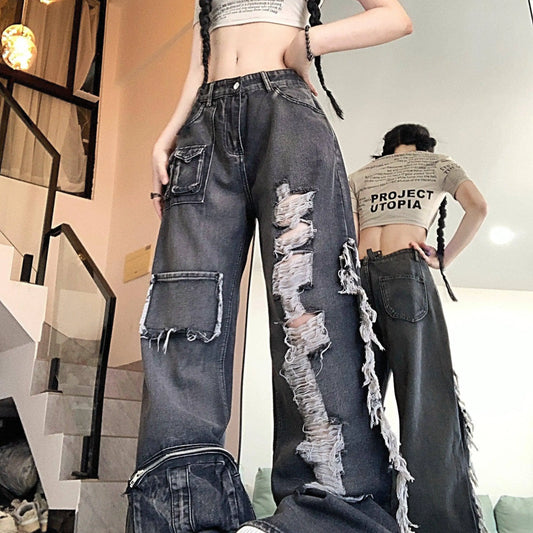 Ripped Distressed Streetwear Washed Raw Trim Flare Leg Loose Fit Grunge Jeans, Women's Denim Jeans & Clothing SS69