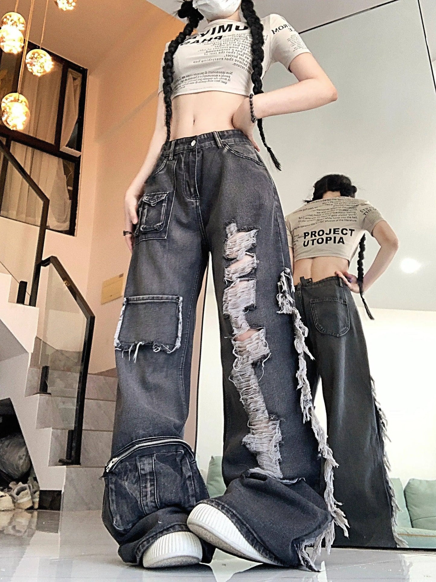 Ripped Distressed Streetwear Washed Raw Trim Flare Leg Loose Fit Grunge Jeans, Women's Denim Jeans & Clothing SS69