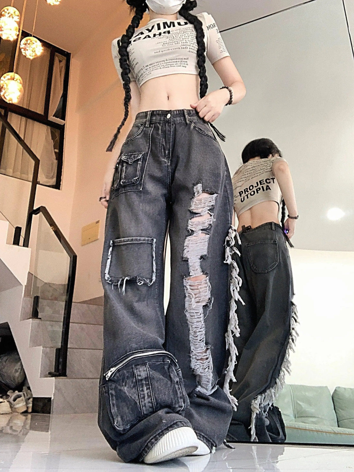 Ripped Distressed Streetwear Washed Raw Trim Flare Leg Loose Fit Grunge Jeans, Women's Denim Jeans & Clothing SS69