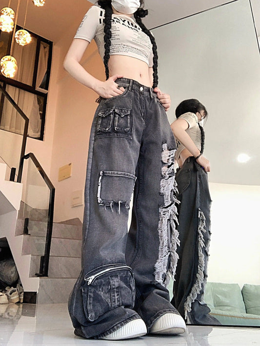 Ripped Distressed Streetwear Washed Raw Trim Flare Leg Loose Fit Grunge Jeans, Women's Denim Jeans & Clothing SS69
