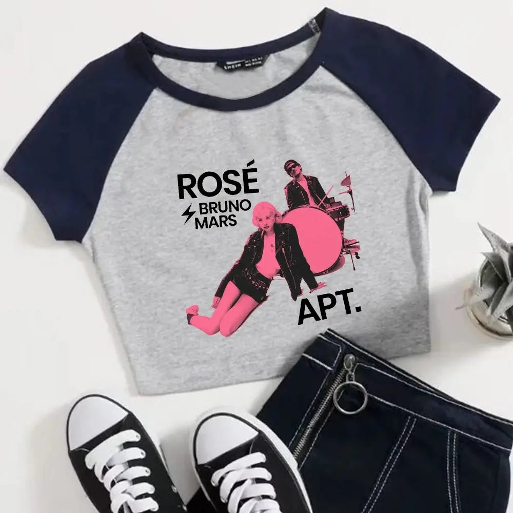 Rose Rosie APT. Bruno Mars Girls Crop Shirts Color blocked short sleeves O-Neck Top SS69 18.69 gray / L