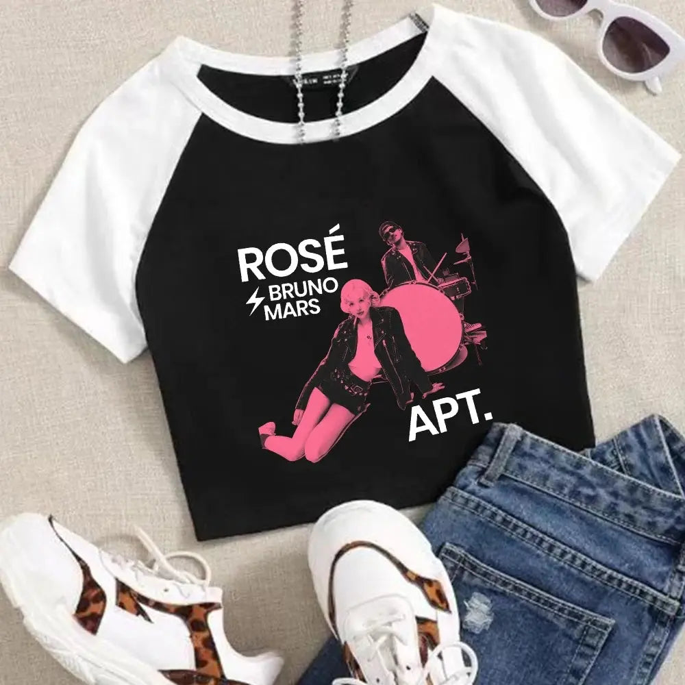Rose Rosie APT. Bruno Mars Girls Crop Shirts Color blocked short sleeves O-Neck Top SS69 18.69 black / L