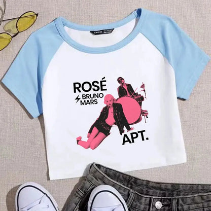 Rose Rosie APT. Bruno Mars Girls Crop Shirts Color blocked short sleeves O-Neck Top SS69 19.69 white / L