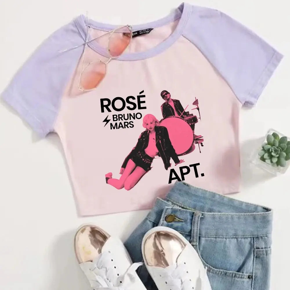 Rose Rosie APT. Bruno Mars Girls Crop Shirts Color blocked short sleeves O-Neck Top SS69 18.69 pink / L