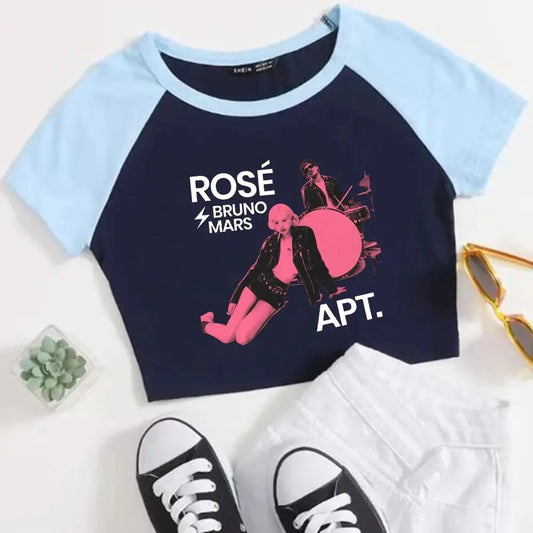 Rose Rosie APT. Bruno Mars Girls Crop Shirts Color blocked short sleeves O-Neck Top SS69 19.69 sky blue / S