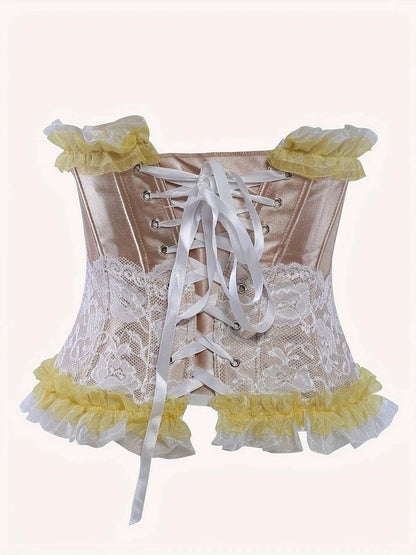 Ruched Trim Button Front Bustier, Casual Lace Up Costume For Wedding & Cosaply, Women's Clothing - SS69