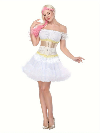 Ruched Trim Button Front Bustier, Casual Lace Up Costume For Wedding & Cosaply, Women's Clothing - SS69