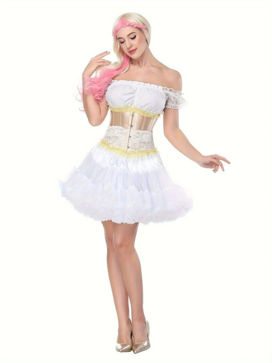 Ruched Trim Button Front Bustier, Casual Lace Up Costume For Wedding & Cosaply, Women's Clothing - SS69