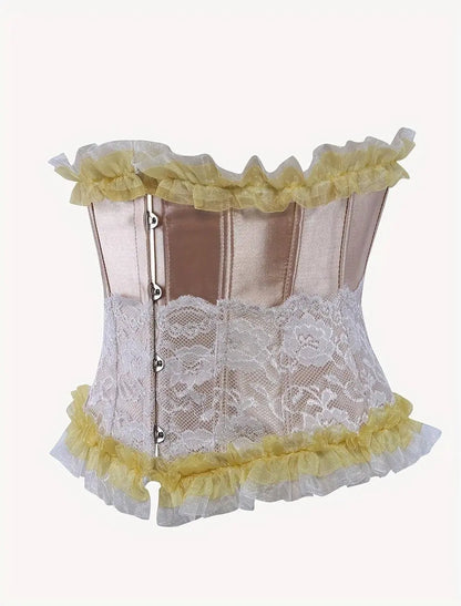 Ruched Trim Button Front Bustier, Casual Lace Up Costume For Wedding & Cosaply, Women's Clothing - SS69