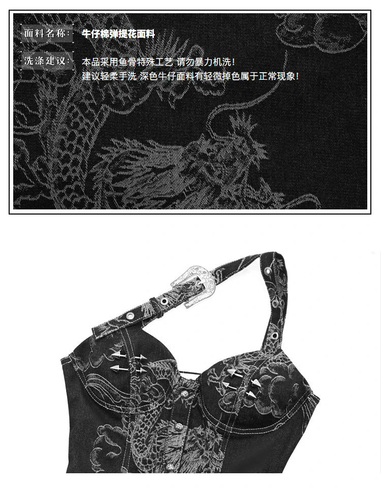 Blood Supply Original Punk Aesthetic dress hot girl Dragon Pattern Denim Sexy Slim Fit Dress Summer Halter Ruffles Short Dresses SS69