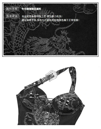 Blood Supply Original Punk Aesthetic dress hot girl Dragon Pattern Denim Sexy Slim Fit Dress Summer Halter Ruffles Short Dresses SS69