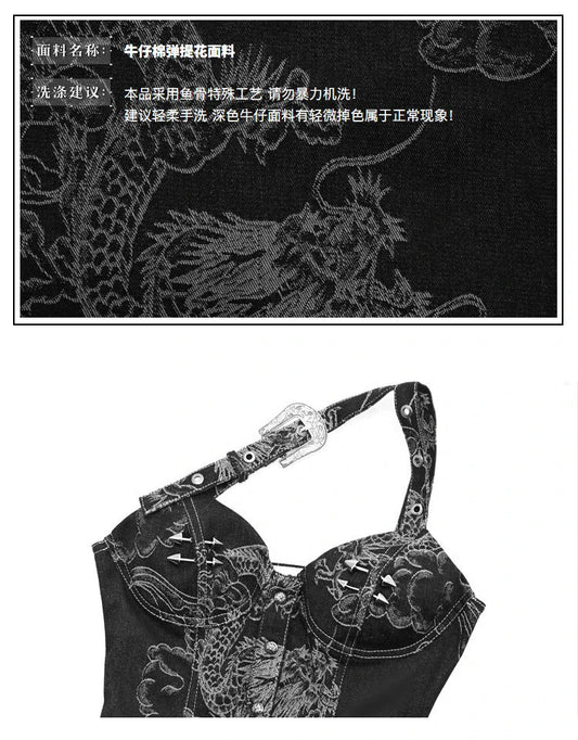 Blood Supply Original Punk Aesthetic dress hot girl Dragon Pattern Denim Sexy Slim Fit Dress Summer Halter Ruffles Short Dresses SS69