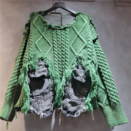 NANCYLIM Women's Vintage Denim Patchwork Knitted Pullover Sweater Loose Fit