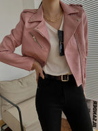 Women's PU Leather Motorcycle Jacket - Slim Fit, Turn-Down Collar