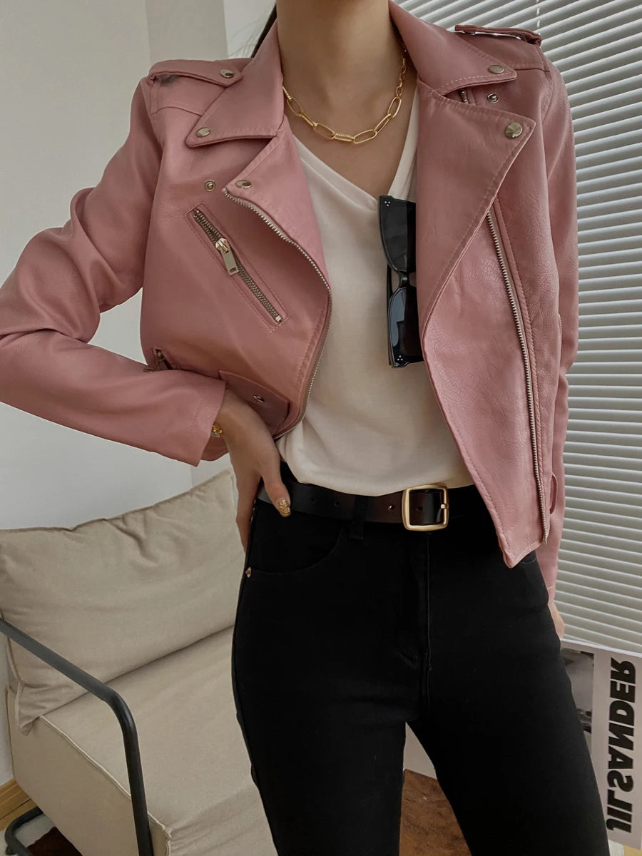 Women's PU Leather Motorcycle Jacket - Slim Fit, Turn-Down Collar