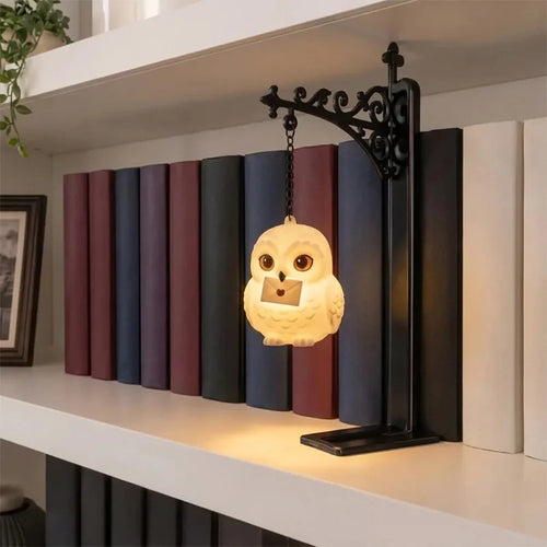 Novelty Hanging Animal Bookend Lamp Magic Owl Bird Metal Book End Stand With Glowing Hanging Ornament Light For Bookshelf Gift