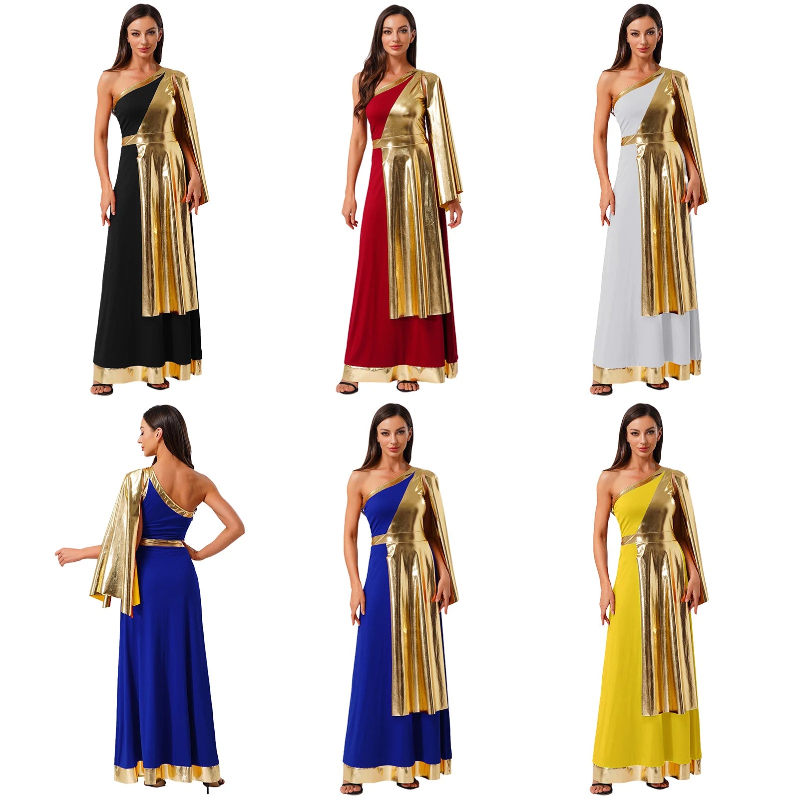 One-Shoulder Greek Goddess Tunic Dress with Metallic Drape