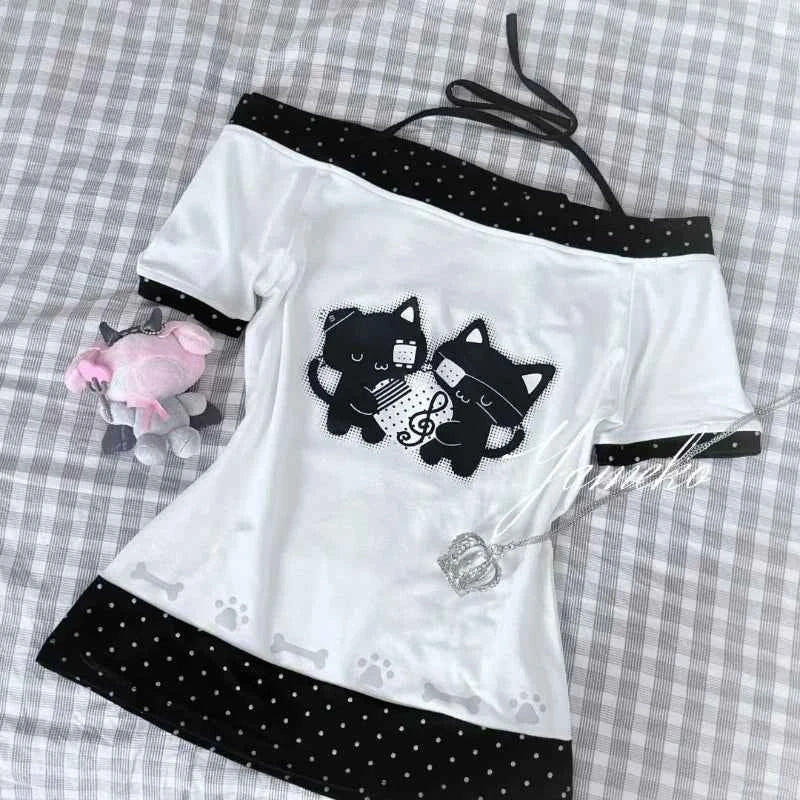 Japanese Sweet Kawaii Cartoon Polka Dot Print T-shirt Women Loose Casual Contrast Color Cute Graphic Tees Y2k Aesthetic Tops New