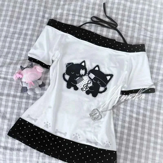 Japanese Sweet Kawaii Cartoon Polka Dot Print T-shirt Women Loose Casual Contrast Color Cute Graphic Tees Y2k Aesthetic Tops New