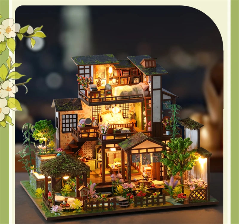 DIY Wooden Bamboo Spring Courtyard Casa Miniature Building Kits Bookend Assembled Dollhouses Bookshelf Home Decor Friends Gifts SS69