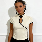 Women's Beige Chinese Style Cheongsam Blouse Vintage Mandarin Collar Short Sleeve Crop Top with Frog Button Keyhole Asymmetrical