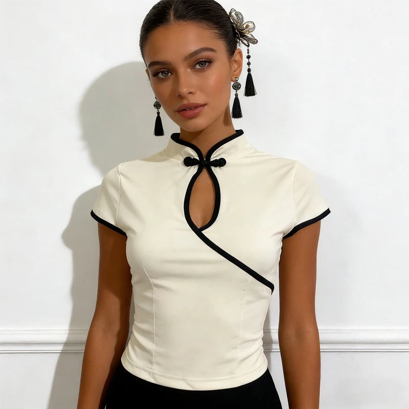 Women's Beige Chinese Style Cheongsam Blouse Vintage Mandarin Collar Short Sleeve Crop Top with Frog Button Keyhole Asymmetrical