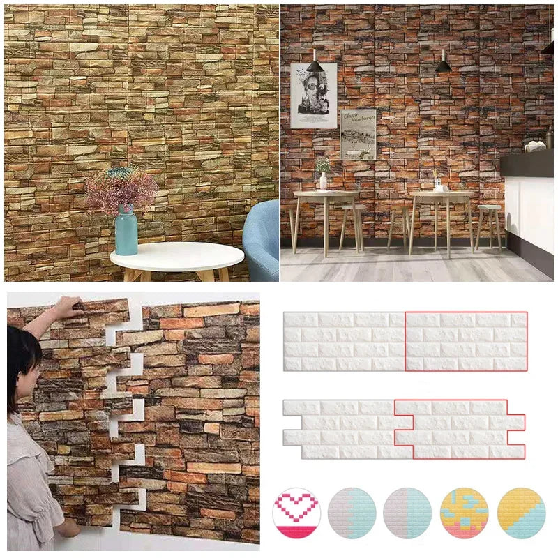 3D Foam Brick Wall Stickers, Waterproof Peel & Stick Panels 70x77cm