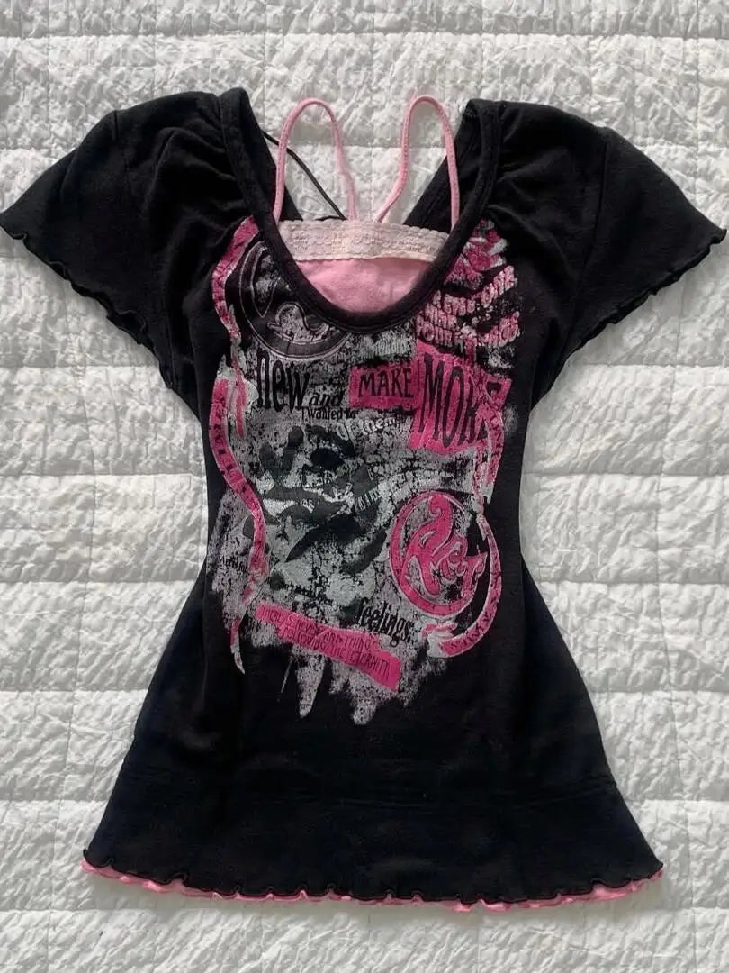 Harajuku Gothic Punk Short Sleeve T-shirts Women Subculture Printed Y2k Crop Top Tees Summer Casual American Vintage T Shirts