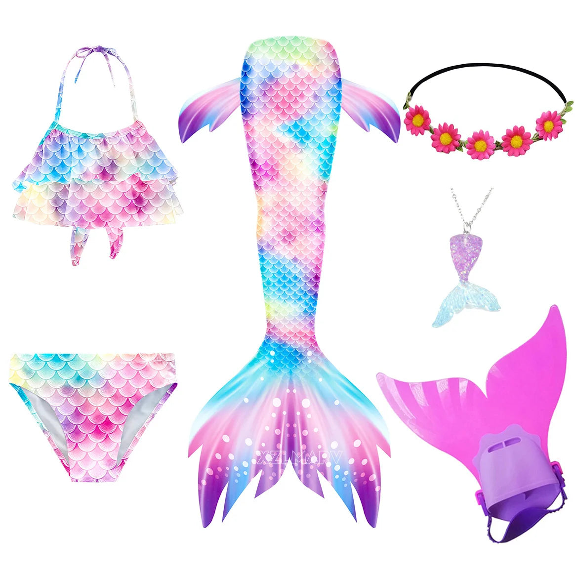 ZOCIC Girls Mermaid Tail Swimsuit Set with Top and Skirt for Swimming