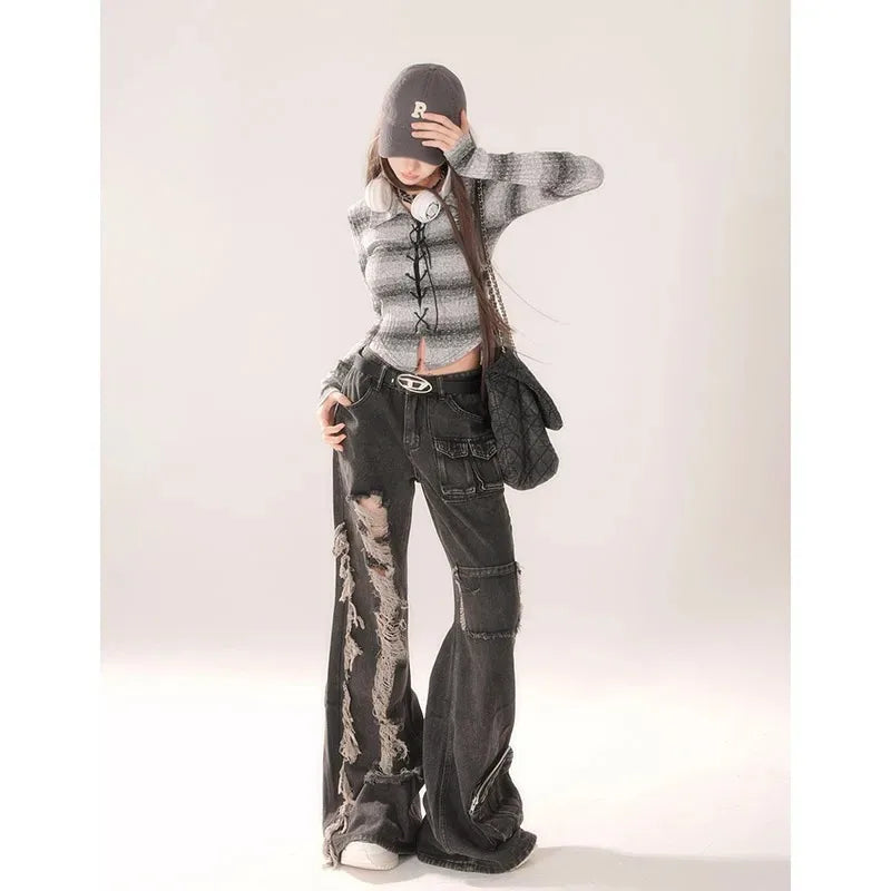 High Waist Ripped Women's Black Jeans Hip-hop Style Fashion Vintage Streetwear Y2K Wide Leg Jean Trouser Baggy Denim Pants SS69