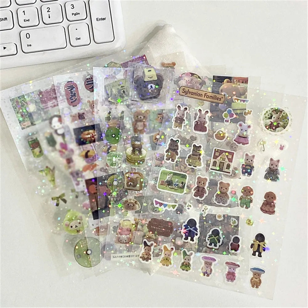 12pcs/10pcs Kawaii Glitter Stickers Transparent Journal Stickers PET Scrapbooking Cut Film Toploader Scrapbooking Deco Home SS69