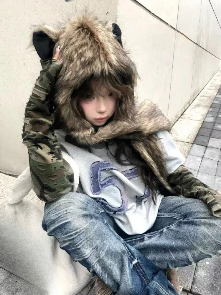 Japanese Kawaii Cute Fur Scarf Hat Winter Keep Warm Y2k Aesthetic Fashion Vintage Cap Bears Ears Women Hats Grunge Streetwear SS69