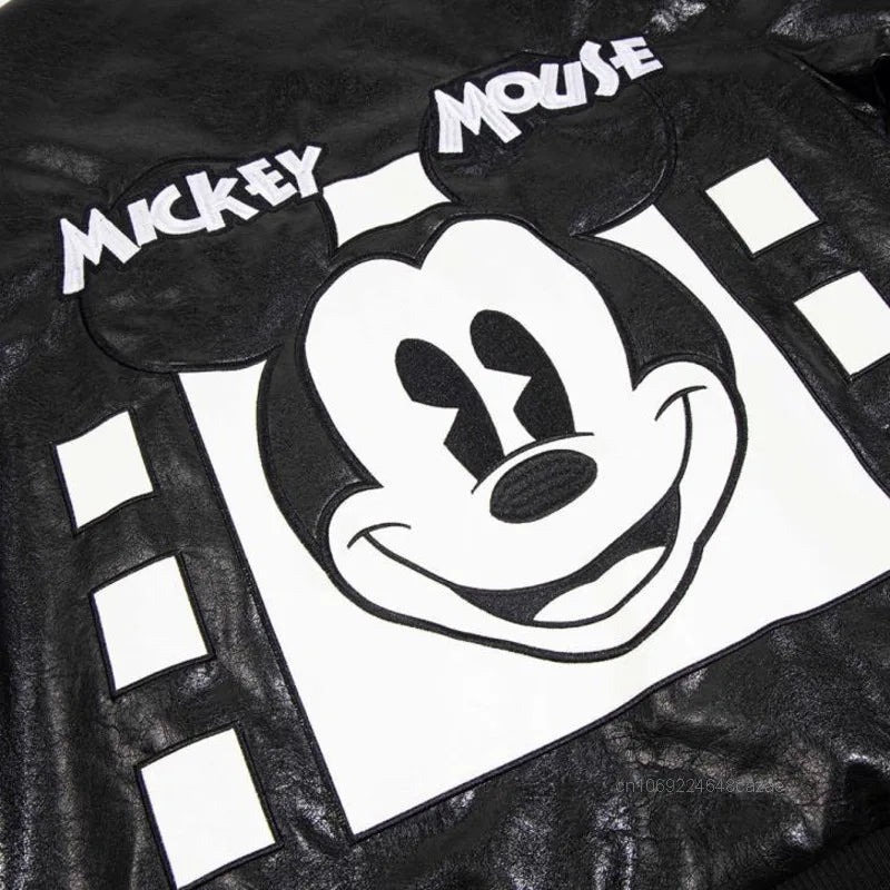 Disney American Cartoon Mickey Embroidery Leather Jacket Men Women Autumn Winter Loose Casual Jacket Fashion Trend Couples Coat SS69
