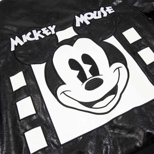 Disney American Cartoon Mickey Embroidery Leather Jacket Men Women Autumn Winter Loose Casual Jacket Fashion Trend Couples Coat SS69